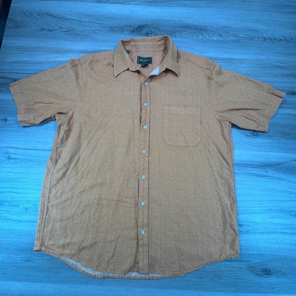 Eddie Bauer Mens Orange Linen Geometric Short Sleeve Button Up Shirt‎ Tall L